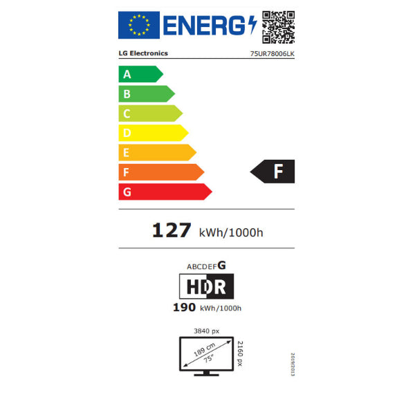 LG 75UR78006LK - étiquette énergétique classe F 127 kWh HDR