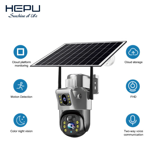 HEPU caméra solaire - FHD vision nocturne couleur détection mouvement cloud audio