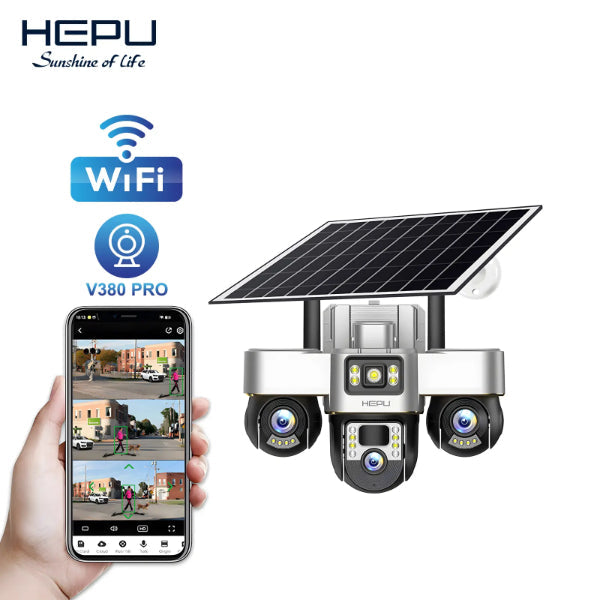HEPU caméra solaire triple objectif WiFi V380 Pro surveillance smartphone