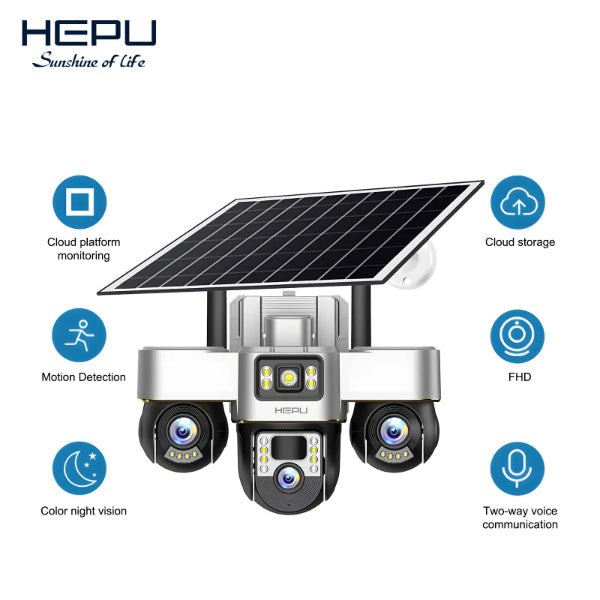 HEPU caméra solaire triple objectif - FHD vision nocturne détection mouvement cloud audio