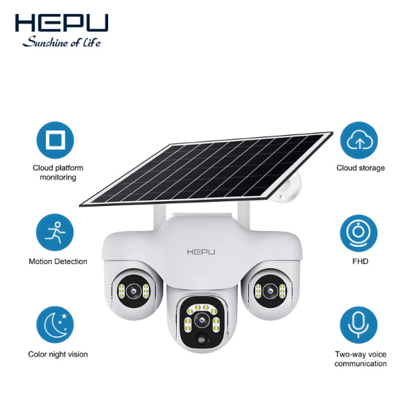 HEPU caméra solaire triple objectif blanche - FHD vision nocturne cloud