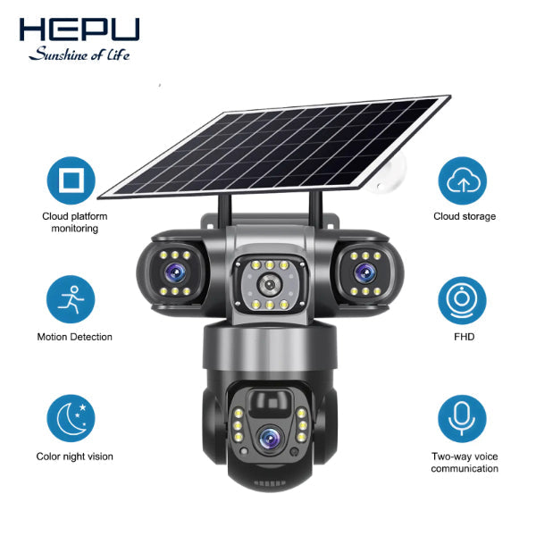 HEPU caméra solaire 4 objectifs grise - contenu boîte panneau solaire support Type-C