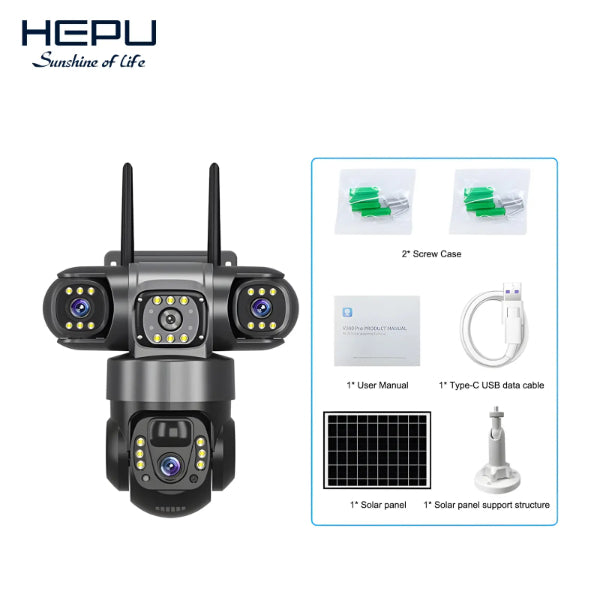 HEPU caméra solaire 4 objectifs grise - vue face panneau solaire
