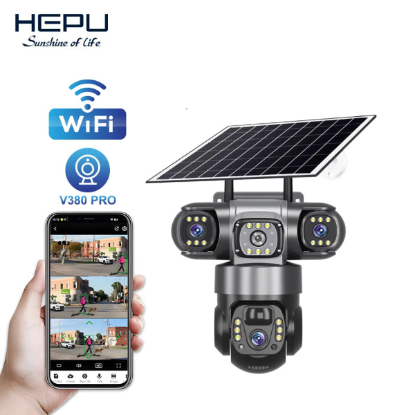 HEPU caméra solaire 4 objectifs grise - 4 vues simultanées V380 Pro smartphone WiFi