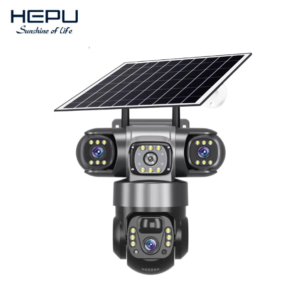 HEPU caméra solaire 4 objectifs grise - vue complète avec antennes