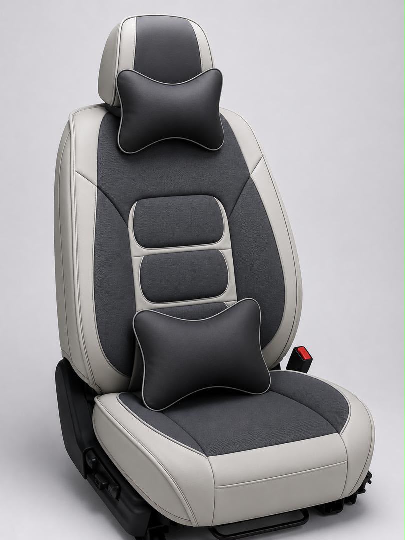 Housse siege auto cuir PU premium bicolore gris blanc avec appuie-tete et coussin lombaire