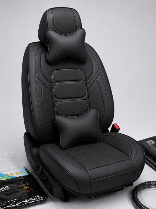 Housse siege auto cuir PU premium noir integral avec appuie-tete et coussin lombaire