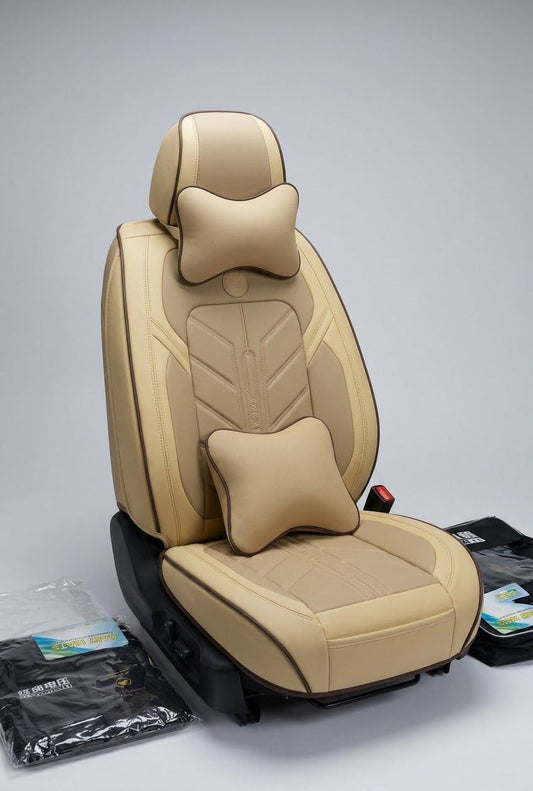 Housse siège auto cuir PU premium beige crème surpiqûres marron motif V brodé