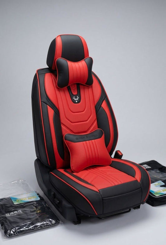 Housse siège auto cuir PU sport rouge noir logo cerf brodé appuie-tête coussin lombaire