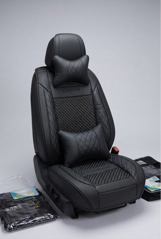 Housse siège auto cuir PU noir insert carbone surpiqûres losange appuie-tête coussin lombaire