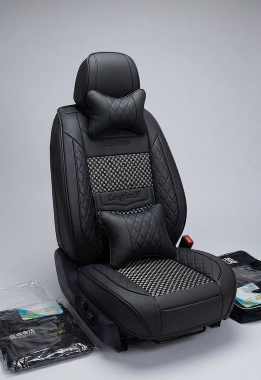 Housse siège auto cuir PU noir insert tissu carreaux surpiqûres losange appuie-tête coussin lombaire