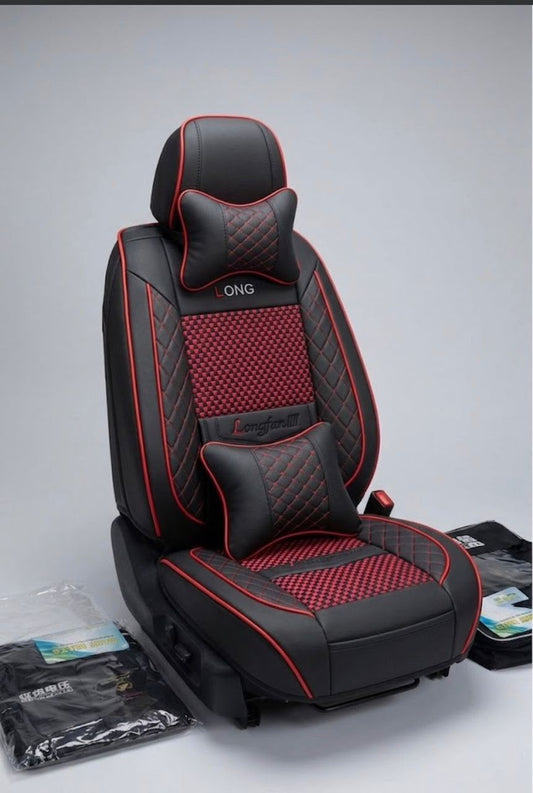 Housse siège auto cuir PU noir rouge insert carreaux liséré rouge logo LONG surpiqûres losange appuie-tête coussin lombaire