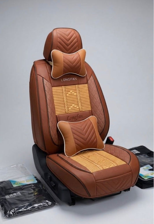 Housse siège auto cuir PU marron cognac insert bambou rotin naturel surpiqûres V logo LONGFAN appuie-tête coussin