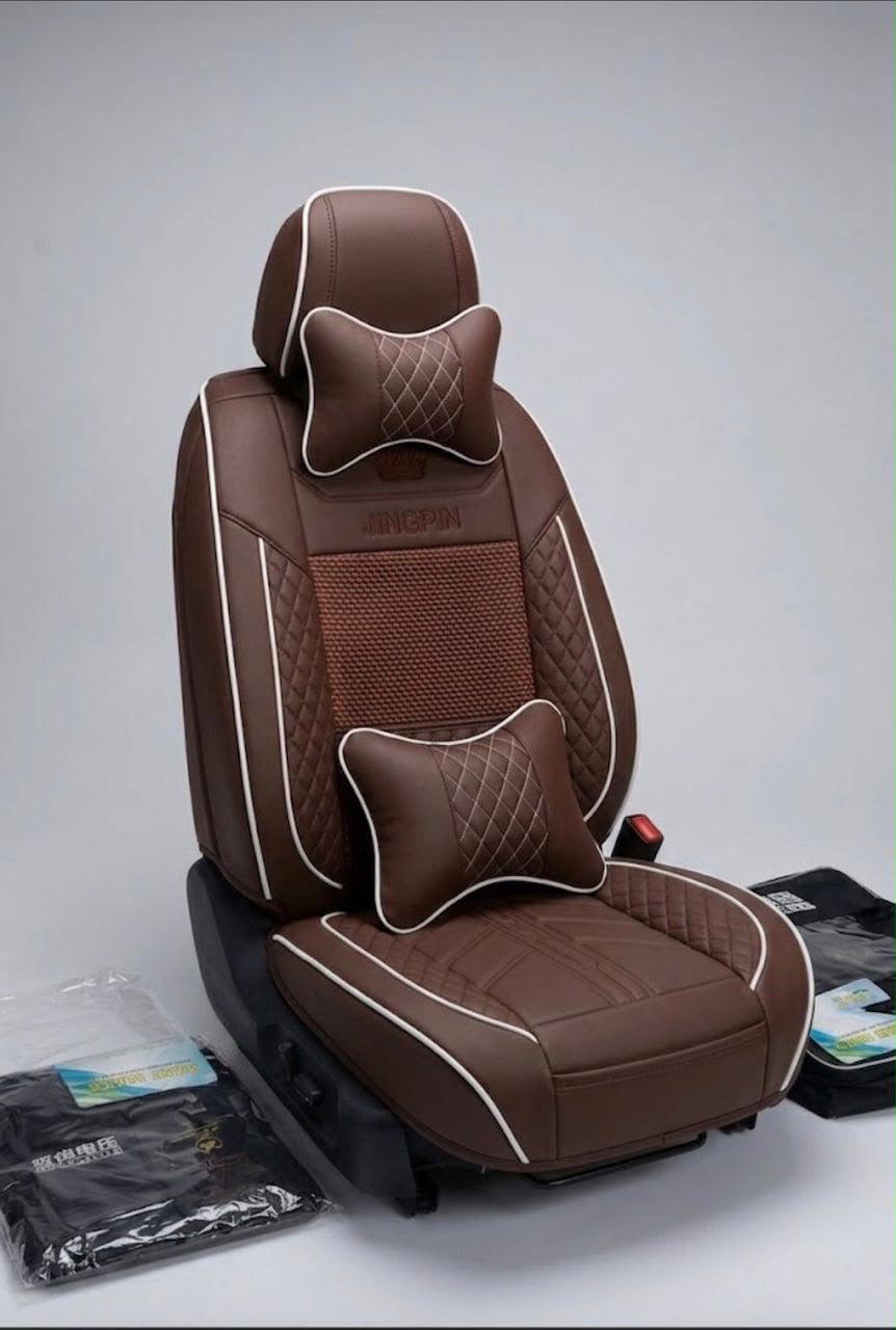 Housse siège auto cuir PU marron chocolat insert rotin liséré beige surpiqûres losange appuie-tête coussin lombaire