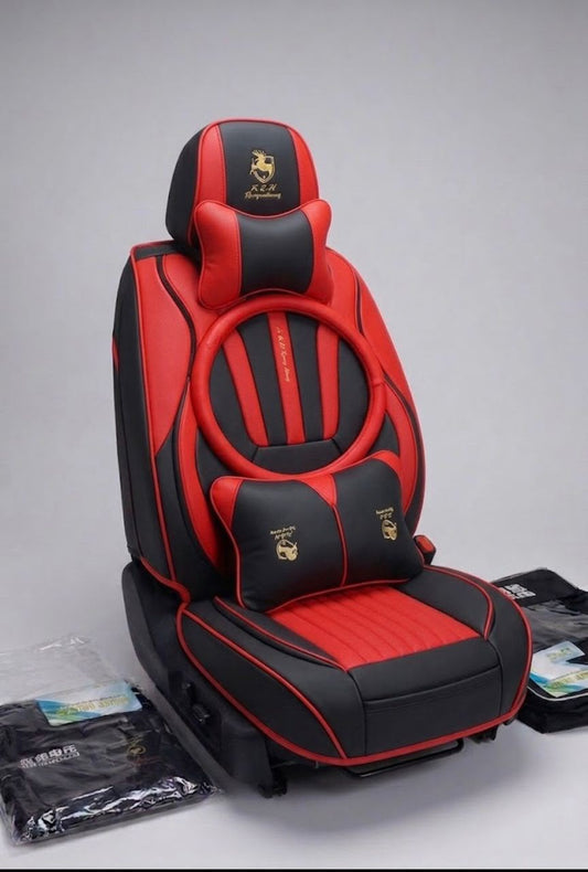 Housse de siège auto sport bicolore Noir & Rouge avec cercle lombaire et logo cerf doré RZH