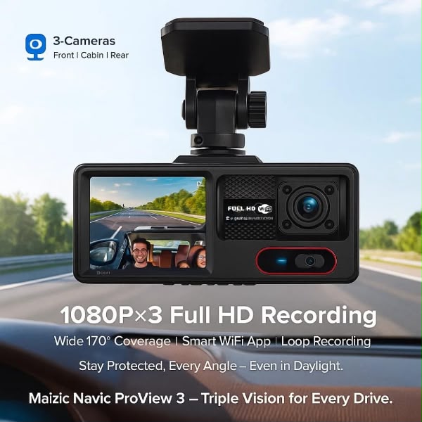 Dashcam 3 Canaux Full HD WiFi – Vision Avant, Intérieure et Arrière