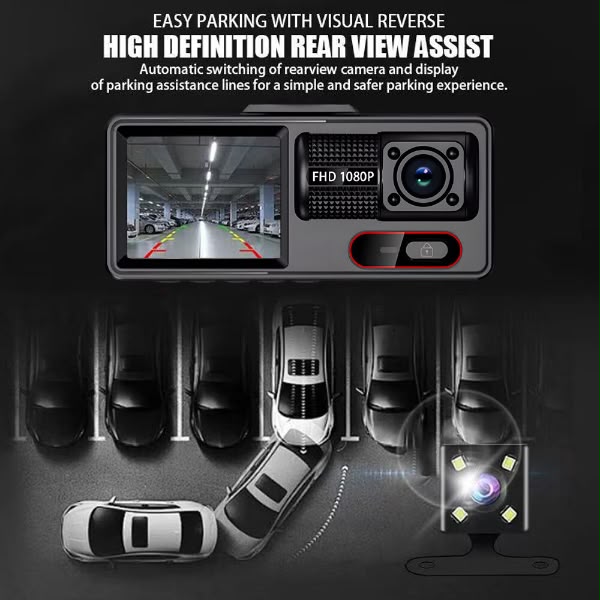 Dashcam 3 Canaux Full HD WiFi – Vision Avant, Intérieure et Arrière