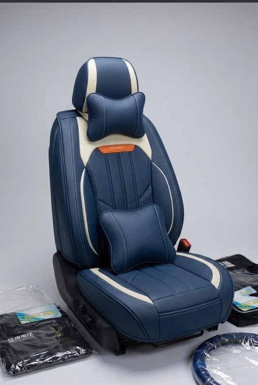 Housse de Siège Auto Cuir PU Bicolore Bleu Marine & Beige – Dimingzhe + Appuie-Tête + Coussin
